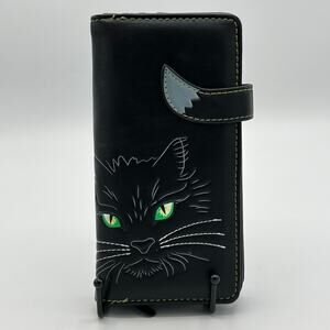 Nemesus Now Lucky Cat Purse Wallet Black Faux Leather Black Cat Green Eyes Tail